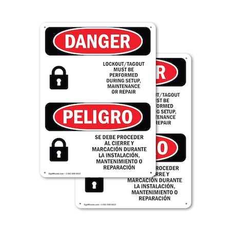 Signmission Lockout Tagout Setup Maintenance Bilingual Danger Sign, Aluminum, 10in W x 14in L, 2PK OS-2PACK-DS-A-1014-VS-1428